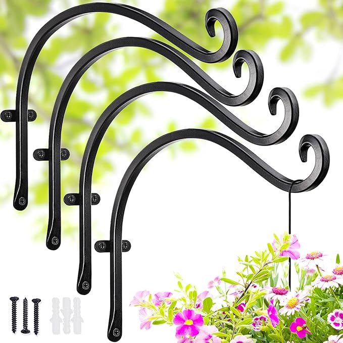 Lifyzoon Hanging Plant Brackets Outdoor - 4 Pack 12-Inch Hanging Bird Feeder Hangers, Black Metal Outdoor Wall Hooks for Heavy Plants, Birdhouse, Wind Chimes