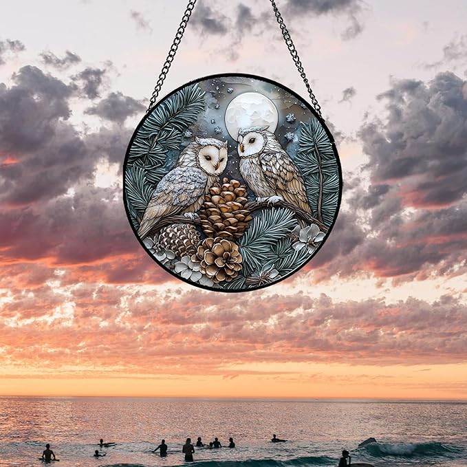 Stained Glass Window Hanging - Owl On A Tree Suncatcher for Doors Garden Patio Winter Scene Sun Catchers Decor Christmas Mother's Day Birthday Gifts for Women Men Mom Nana Friend 6.3 in