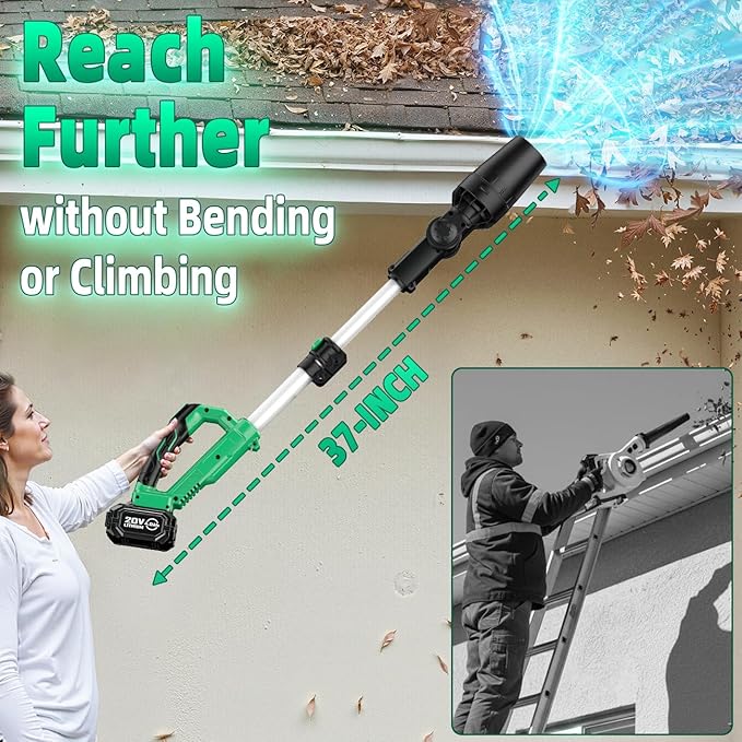KIMO Leaf Blower for Gutters, 310000RPM, 37Inch Telescopic Pole, 750CFM 280MPH, 3 Speeds w/Smart Panel, Lightweight 2.5Lb, 4.0Ah Battery Operated Leaf Blower Cordless Leaf Blowers Gutter Cleaning Tool