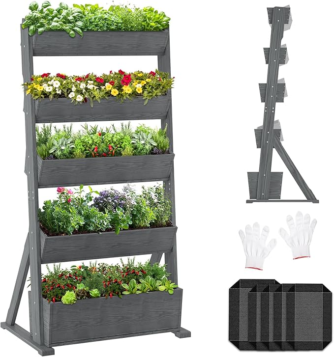 Wooden Vertical Raised Garden Bed, 5 Tier Garden Planters Raised Beds Freestanding Plant Stand Flower Rack Wooden Planter Box for Plants Herbs Flowers Vegetables Outdoor Indoor Gardening