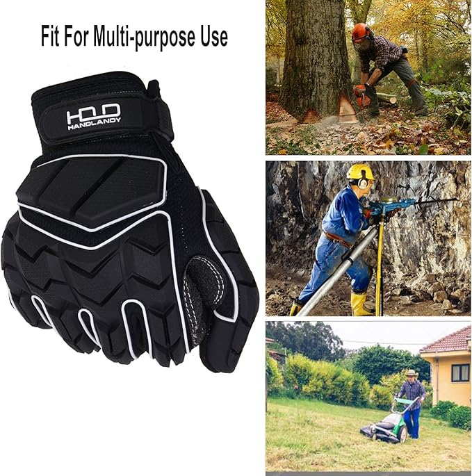 HANDLANDY Anti Vibration Gloves, SBR Padding, TPR Protector, Mechanic Work Gloves (Large, Black)