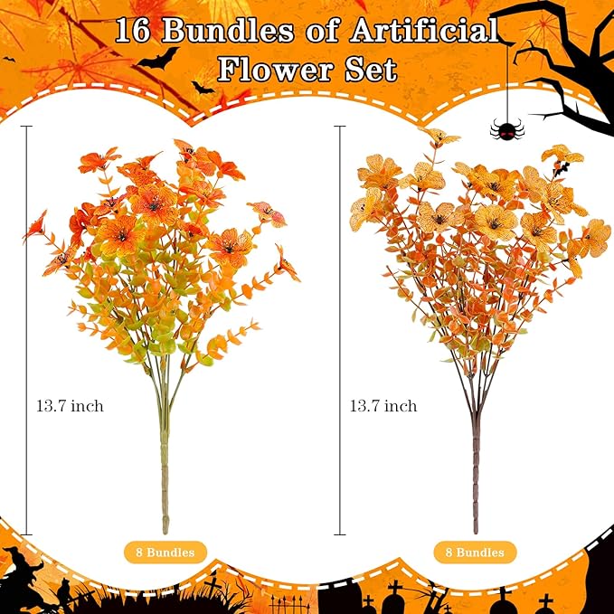 AGIRL 16 Bundles Artificial Fall Flowers Outdoor Indoor Decoration,No Fade Autumn Fake Plastic Plants with Eucalyptus Leaves,Faux Mums for Thanksgiving Garden Front Door Porch Patio Fall Decor