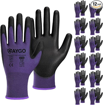 KAYGO Safety Work Gloves PU Coated,12 Pairs KG11PB Seamless Knit Glove for Men and Women, with Smooth Grip on Palm and Fingers, Ideal for General Duty Work (X-Small, Purple)