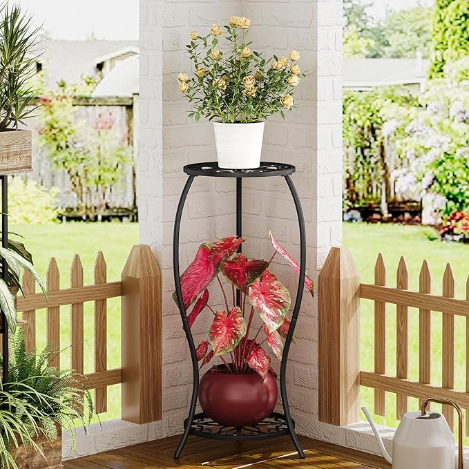 Plant Stand Indoor Outdoor, 2 Tier Metal Potted Holder Stand, Flower Pot Stand, Heavy Duty Plant Supports Rack, Corner Plant Shelf Rustproof for Planter Garden Balcony Patio Living Room (Black, 2 Tier)