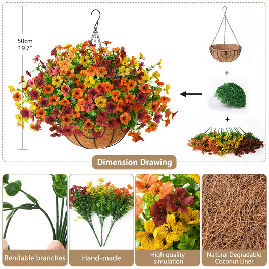 Artificial Fall Hanging Flowers Basket, UV Resistant Mums for Outdoors