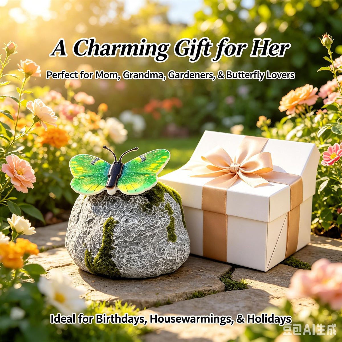 Solar Illuminated Butterfly Stone Garden Light, LED Butterfly Garden Statue with Sparkling Light-Up Wings, Glowing Landscape Rock Figurine Lamp for Flower Bed,Patio,Yard Decor Gift (Green+Purple)