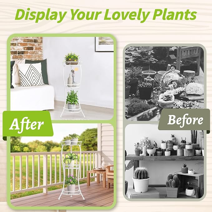 KMOTASUO 3 Tier Tall Metal Plant Stand, 34 Inch Plant Stands Indoor Outdoor, Rustproof Wrought Iron Flower Pot Holder Display Rack for Corner Patio Garden Balcony Living Room(White)
