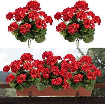 Uqueeten 4pcs Fake Flower Artificial Geranium,Artificial Flowers for Outdoors ，Geraniums Artificial Flowers Realistic,Artificial Geraniums for Outdoors Fake Plant Decoration(Red) 14.4"