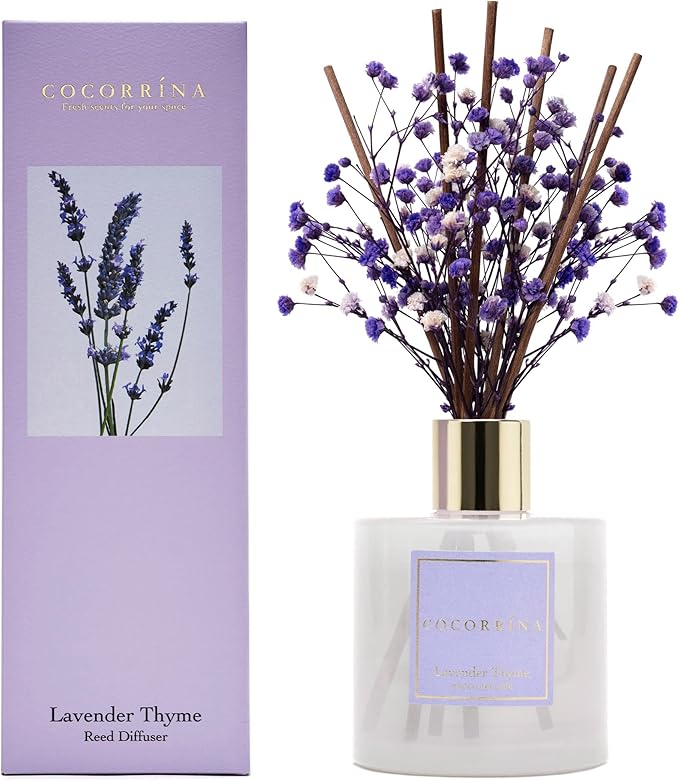 Cocorrína Premium Reed Diffuser Set with Preserved Baby's Breath & Cotton Stick Lavender Thyme | 6.7oz Scent Fragrance Lavender Oil Diffuser for Bedroom Bathroom Home Décor