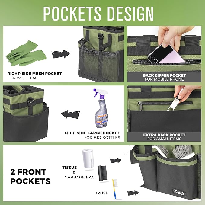 Compact Wearable Cleaning Caddy, Small Cleaning Caddy Supplies Organizer with Handle & Shoulder Straps for Housekeepers, Under Sink & Car Cleaning Tool Organizers Bag (Armygreen)