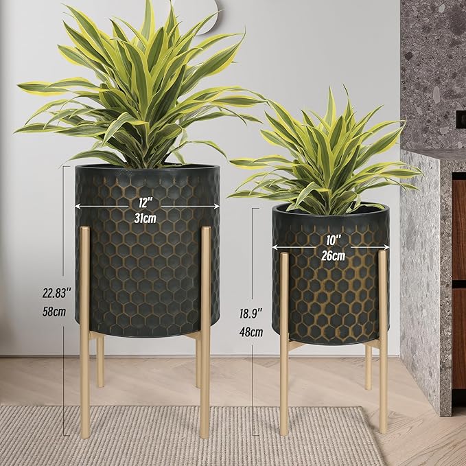 Oakrain Mid Century Planters for Indoor Plants, Set of 2, Modern Decorative Metal Pots for Living Room, Office, Garden or Balcony, Black&Golden Honeycomb, 10inch&12inch