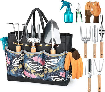 Grenebo Gardening Tools 9-Piece Heavy Duty Garden Hand Tools with Fashion and Durable Garden Tools Organizer Handbag, Rust-Proof Garden Tool Set, Ideal Gardening Gifts for Women