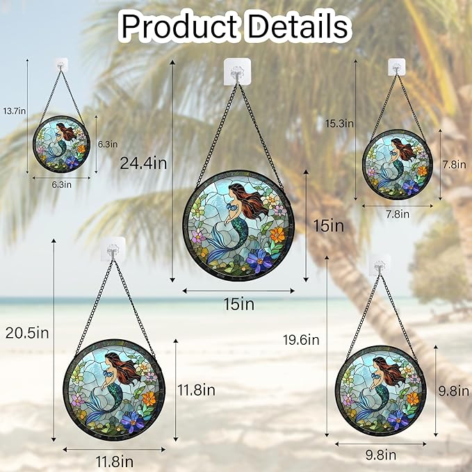 JOSUMALY Stained Glass Window Hanging - Light Blue Mermaid Suncatcher for Door Terrace Garden Home Decor, Ocean Flowers Sun Catcher Birthday Gifts for Lovers Women Men Dad Mom Nana 9.8 in