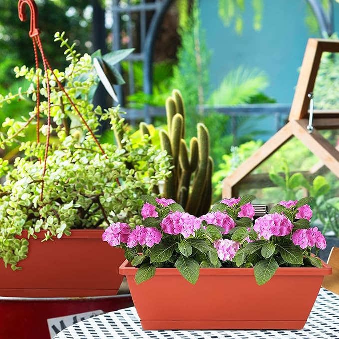 CHUKEMAOYI Window Box Planter, 12 Pack Plastic Vegetable Flower Planters Boxes 17 Inches Rectangular Flower Pots with Saucers for Indoor Outdoor Garden, Patio, Home Decor (Brick red)