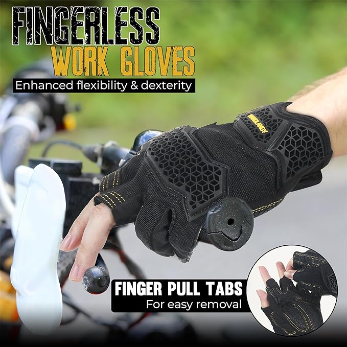 HANDLANDY Fingerless Framer Work Gloves for Men, Utility Grip Paded Gloves for Tactical Shooting Airsoft Hunting Driving (Black- 3 Fingerless, Large (Pack of 1))