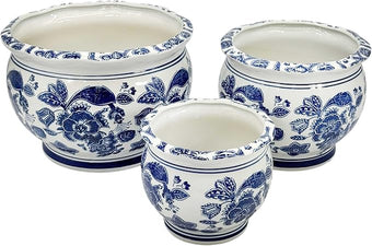 Galt International Floral Blue & White Round Porcelain Ceramic Plant Flower Planter Pot Set of 3 (8", 10", 12") Garden Pots Chinese Asian Design