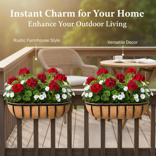 KIDYBELL 16“ Window Box Railing Planter with Coco Liner Metal Wall-Mounted Coconut Liner Planter Basket English Horse Trough Planters for Outdoor Deck Balcony Porch Fence Patio Black (2 Pack)