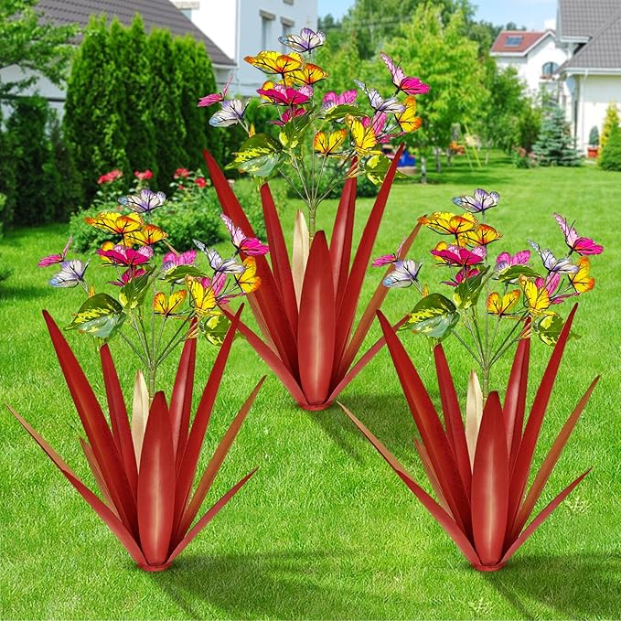 TOMBABY Garden Outdoor Butterfly Enlarge Thickened Wind Resistant Metal Agave Garden Art Metal Plant Country Sculpture Statue Decorations Ornaments Artificial Waterproof Butterflies(red 3pcs)