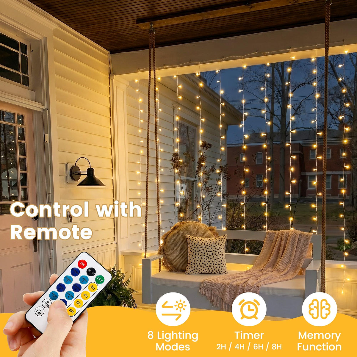HEYFUNi 6.6FT x 6.6FT Warm White Curtain Lights Plug in, 200 LED