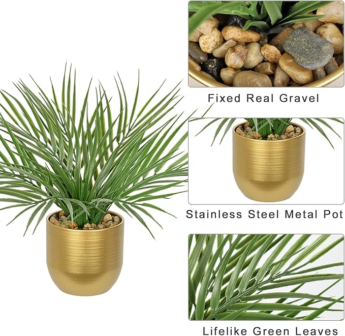Hollyone Large Artificial Potted Plants Fake Palm Plants 13" Faux Tropical Palm Plant Tree in Gold Metal Pots for Home Room Office House Indoor Decoration