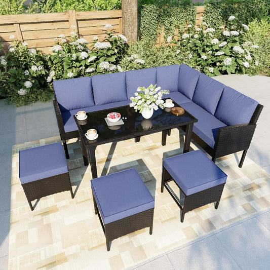 7 Pieces Outdoor Dining Patio Furniture Set Outside PE Rattan Wicker Conversation Sets Sofa with Glass Table Extra Seating for Small Space Backyard Porch Balcony(Blue)