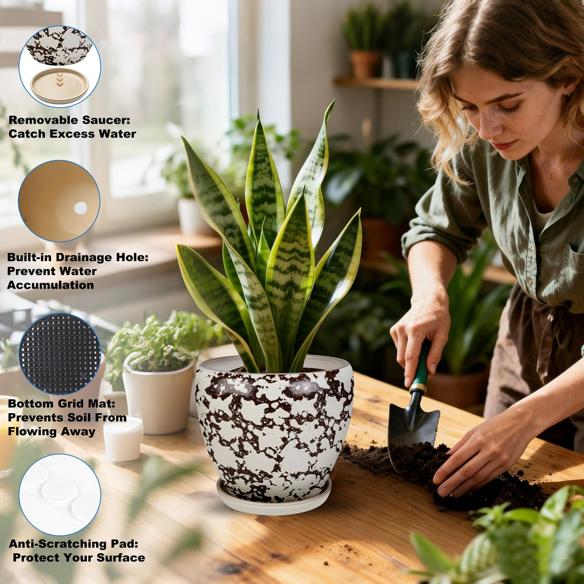 Ceramic Plant Pots With Saucer & Drainage Hole, 10 inch Indoor Flower Pots