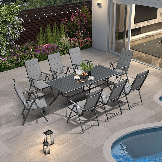 PURPLE LEAF Outdoor Dining Set for 8 with All-Aluminum Black Slat Table and Padded Folding Chairs Modern Patio Furniture Dining Table Set ldeal for Deck Under Pergola Poolside Outdoor Kitchen, Grey