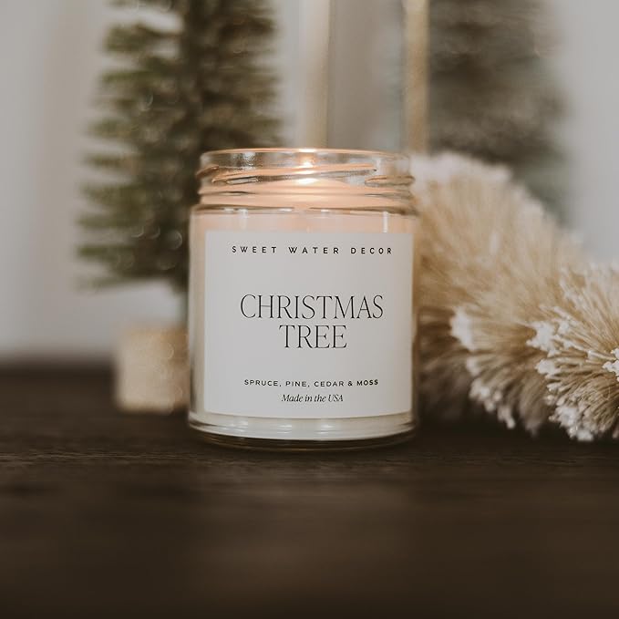 Sweet Water Decor Christmas Tree Candle - Pine Needles, Cedarwood, Cypress, and Evergreen Soy Holiday Scented Candles for Home - 9oz Clear Jar Candle, 40+ Hour Burn Time, Made in The USA