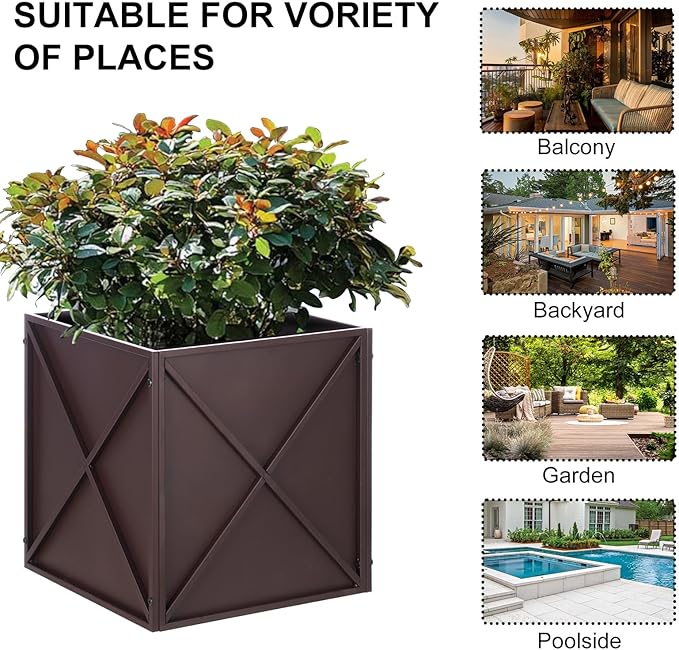 SUNNYPARK Large Metal Planter Box 17”x 17”x 18”, Square Modern Brown Metal Planter Box Heavy Duty with Drainage Holes for Outdoor Garden Patio