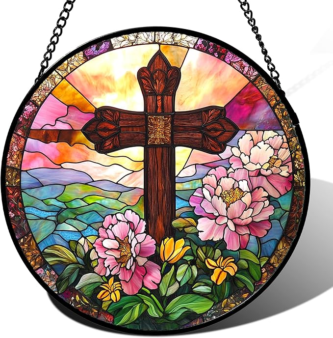 JOSUMALY Christian Gifts for Women - Cross Stained Glass Window Hanging Jesus Easter Pink Flower Peony Sun Catcher Garden Religion Decor Mother's Day Catholic Gift for Men Grandma Mom Her Nana 9.8"