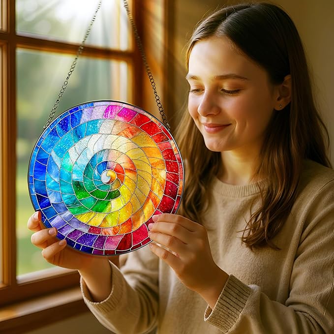 Stained Glass Window Hanging, 8 Inch Rainbow Spiral Stained Glass Suncatcher, Spiral Window Hanging Decor, Geometric Spiral Suncatcher Wall Decor, Gift for Women Men Wife Lovers and Mom