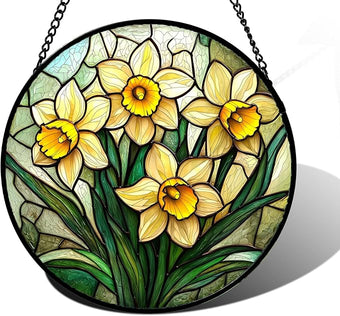 DASTOLL Stained Glass Window Hanging, Daffodil Plant Flowers Sun Catchers Diamond Glass Panel Hangings Suncatcher Decor for Birthday for Women, Men, Wife, Aunt, and Mom 9.8 in
