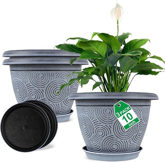 Fodetyff 10 Inch Flower Pots Planters for Indoor Outdoor Plants, 3 Pack Plastic Large Plant Pots with Drainage Hole & Tray, Modern Decorative Garden Pot with Saucer, Plant Container for House