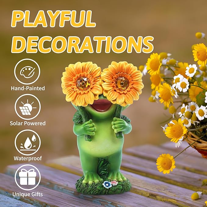 Outdoor Frog Garden Statue: Yard Decoration with Solar Light Funny Frog Sunflower Gifts for Women Mother's Day Housewarming Gift