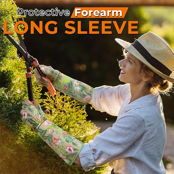 HANDLANDY Leather Gardening Gloves for Women, Scratch Resistant Breathable Ladies Rose Pruning Garden Gauntlet Yard Gloves, Gift for Gardeners (Khaki, M)