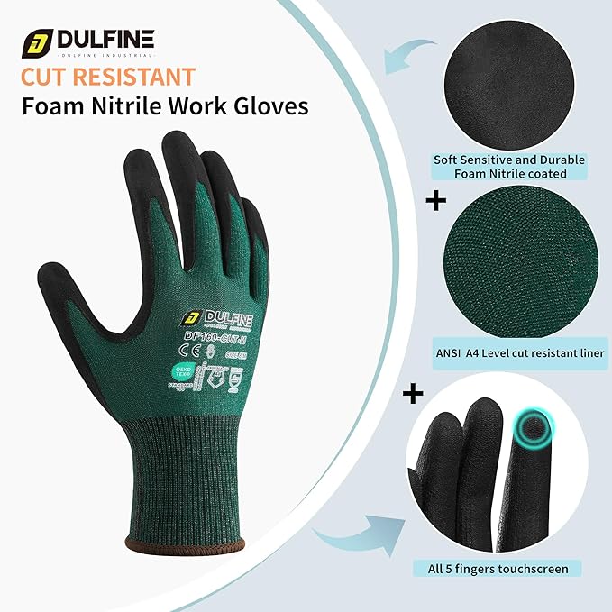 DULFINE ANSI A4 Cut Resistant Work Gloves for Men,6 Pairs Pack.Touchscreen Micro Nitrile Coated,Anti-Slip & Durable for Construction, Wood Cutting,Glass Factory Industrial Use(XX-Large)