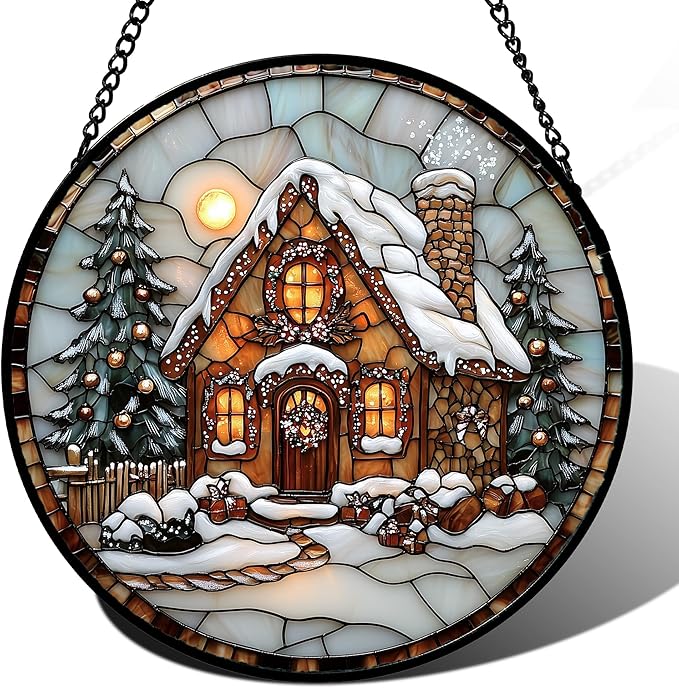 AMDERVEN Stained Glass Window Hanging - Christmas Tree Cottage Sun Catcher for Door Garden Home Winter Decor Snowy Night Suncatcher Mother's Day Birthday Gifts for Women Men Mom Nana 15 in