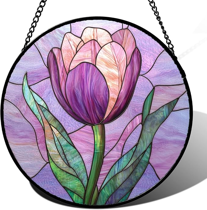 Stained Glass Window Hanging Purple Tulips Flower Large 15" - Suncatcher Door Garden Sun Catcher Home Decor Birthday Mother's Day for Mom Men Woman Parents Her Nana Friend