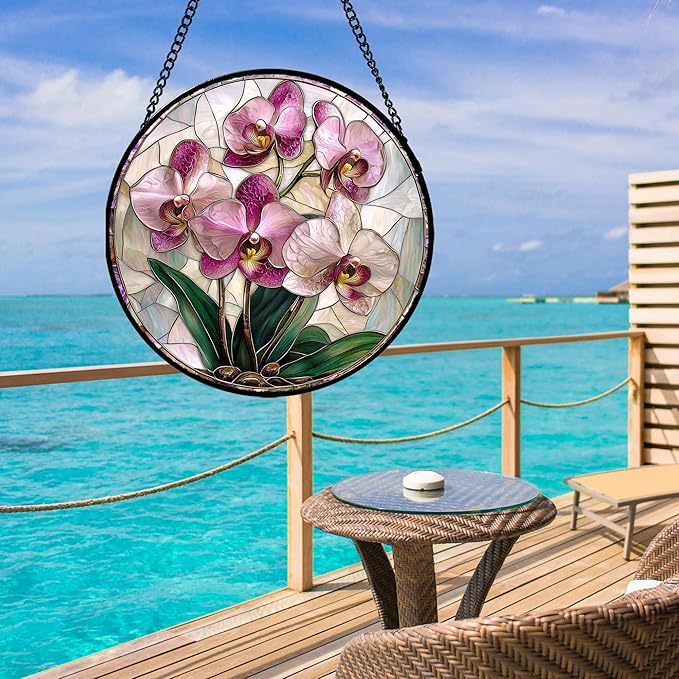 AMDERVEN Stained Glass Window Hanging - Pink Purple Phalaenopsis Flowers Sun Catcher for Door Home Decor Plant Suncatcher Christmas Mother's Day Birthday Gifts for Women Men Mom Nana 11.8 in