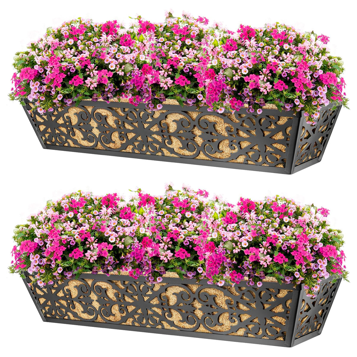 Karlliu 2 Pack 30 Inch Window Boxes Planters Railing Planter Box with Adjustable Brackets & Coco Liners Fabric Plant Grow Bags Deck Railing Planter Boxes Balcony Hanging Flower Box for Outdoor Plants