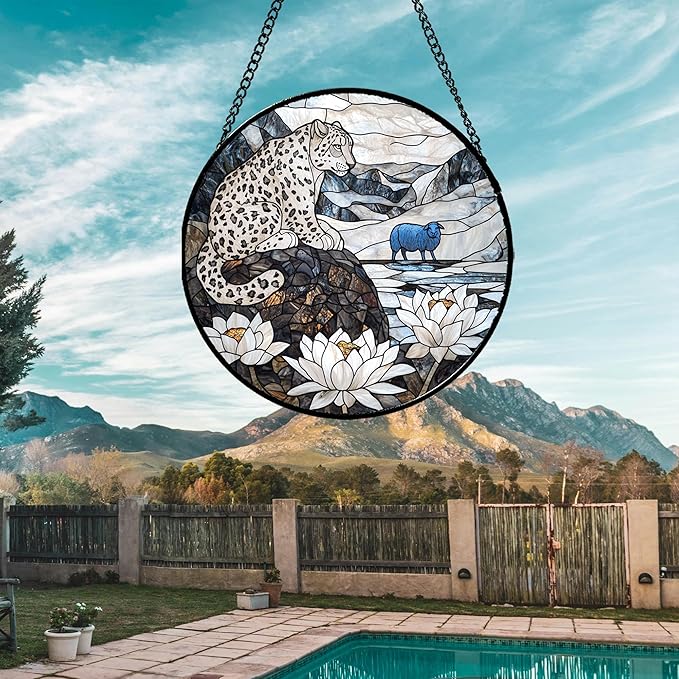 Stained Glass Window Hanging - Snow Mountain Lotus Suncatcher for Doors Garden Patio Leopard Sun Catchers Decor Christmas Mother's Day Birthday Gifts for Women Men Mom Nana Friend 11.8 in