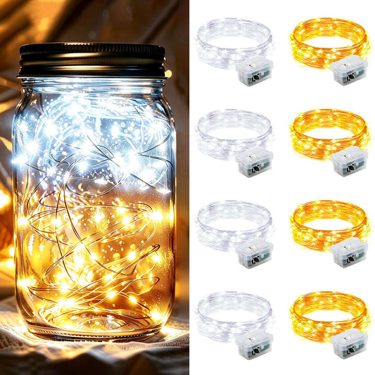 chzk 8 Pack Fairy Lights 7Ft 20 LED Twinkle String Lights 3 Modes Battery Operated Waterproof Firefly Starry for Mason Jar Party Wedding Christmas Valentines Day Table Centerpieces,Warm White + White