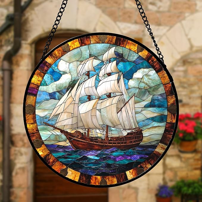 DASTOLL Stained Glass Window Hanging, Sailing Ocean Sun Catchers Glass Panel Navigation Suncatcher Decor for Birthday for Women, Men, Wife, Aunt, and Mom 7.8 in