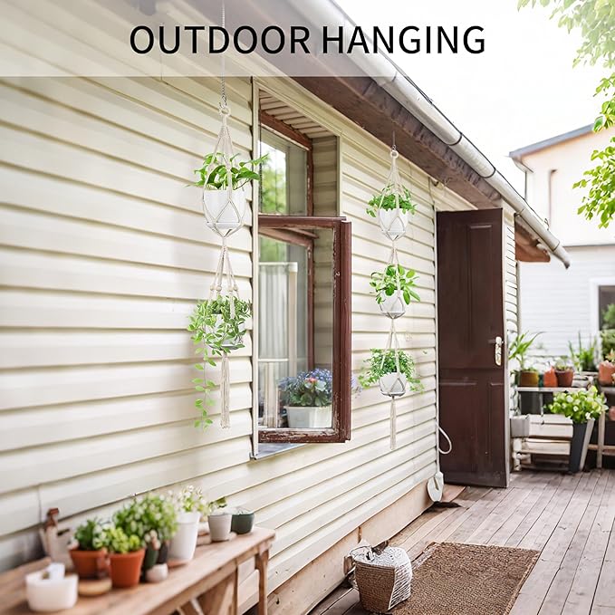 IDEEEPAN Macrame Plant Hanger - Fits 4 to 8 inches Pots for Indoor Outdoor, 49"/72" 2 Sizes Set, Ivory (POTS NOT Included)