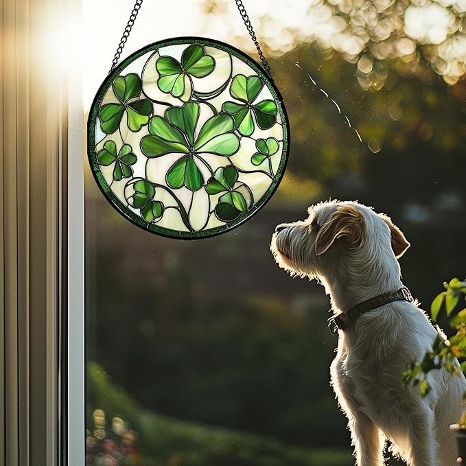 Stained Glass Window Hanging - Ireland Green Lucky Clover Suncatcher for Doors Garden St. Patrick's Day Sun Catchers Decor Mother's Day Birthday for Women Men Mom Nana 15 in