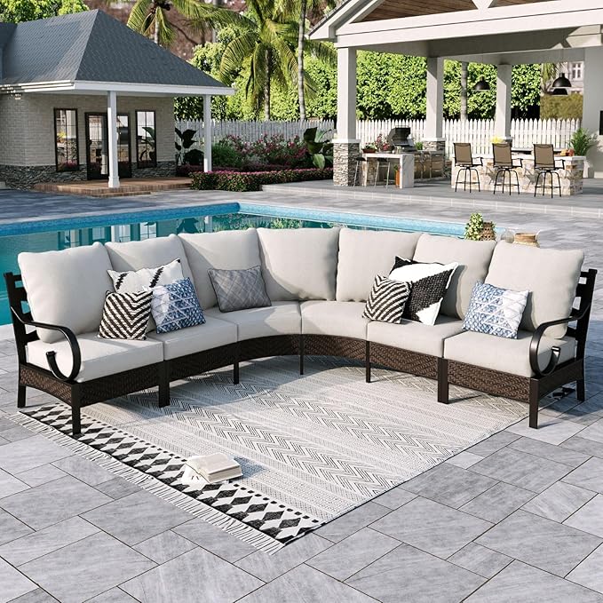 Sophia & William 6 Piece Patio Furniture Set, Half-Moon Curved Outdoor Sofa, Wicker Rattan Outdoor Conversation Sets,Beige