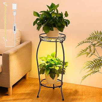 Dunkive Plant Stand indoor Outdoor 2 Tier 27" with Grow Light, Tall Metal Potted Holder Rack Flower Stand Rustproof Iron Heavy Duty Round Plant Shelf for Planter Corner Home Garden Balcony Patio