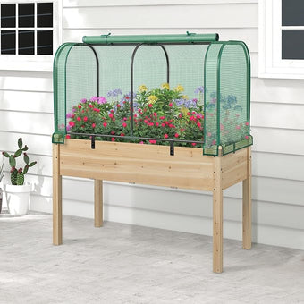 Toolsempire Raised Garden Bed with Greenhouse, Waterproof Sun-Protective Green House with Roll-Up Door & Electroplated Metal Frame, Fir Wood Elevated Planter Box with Drainage Holes(Green+Natural)