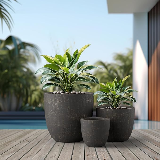 Kante 18",14",10" Dia Concrete Round Planters (Set of 3), Outdoor Indoor Large Planter Pots with Drainage Hole and Rubber Plug for Home Patio Garden, Oil Rubbed Bronze