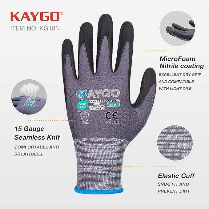 KAYGO Safety Work Gloves MicroFoam Nitrile Coated, 12 Pairs KG18NB,Seamless Knit Nylon Glove for Men and Women, Ideal for Automotive,Warehouse,Construction (Medium, Gray)